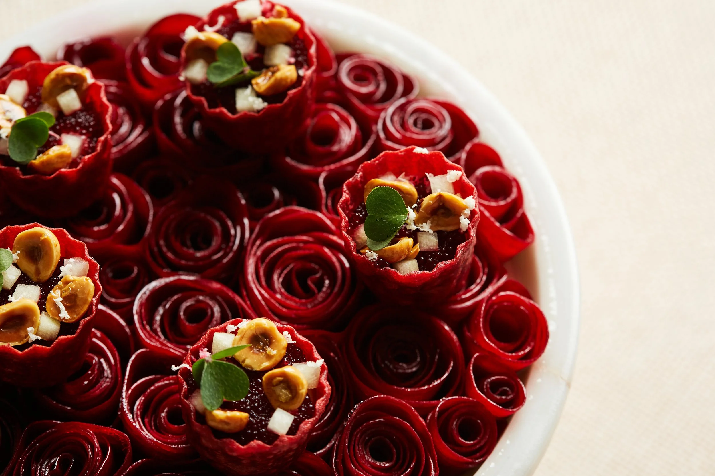 Beetroot pie tee, hazelnut emulsion, beetroot caviar, roast hazelnut, compressed apple, horseradish, wood sorrel (V).jpg