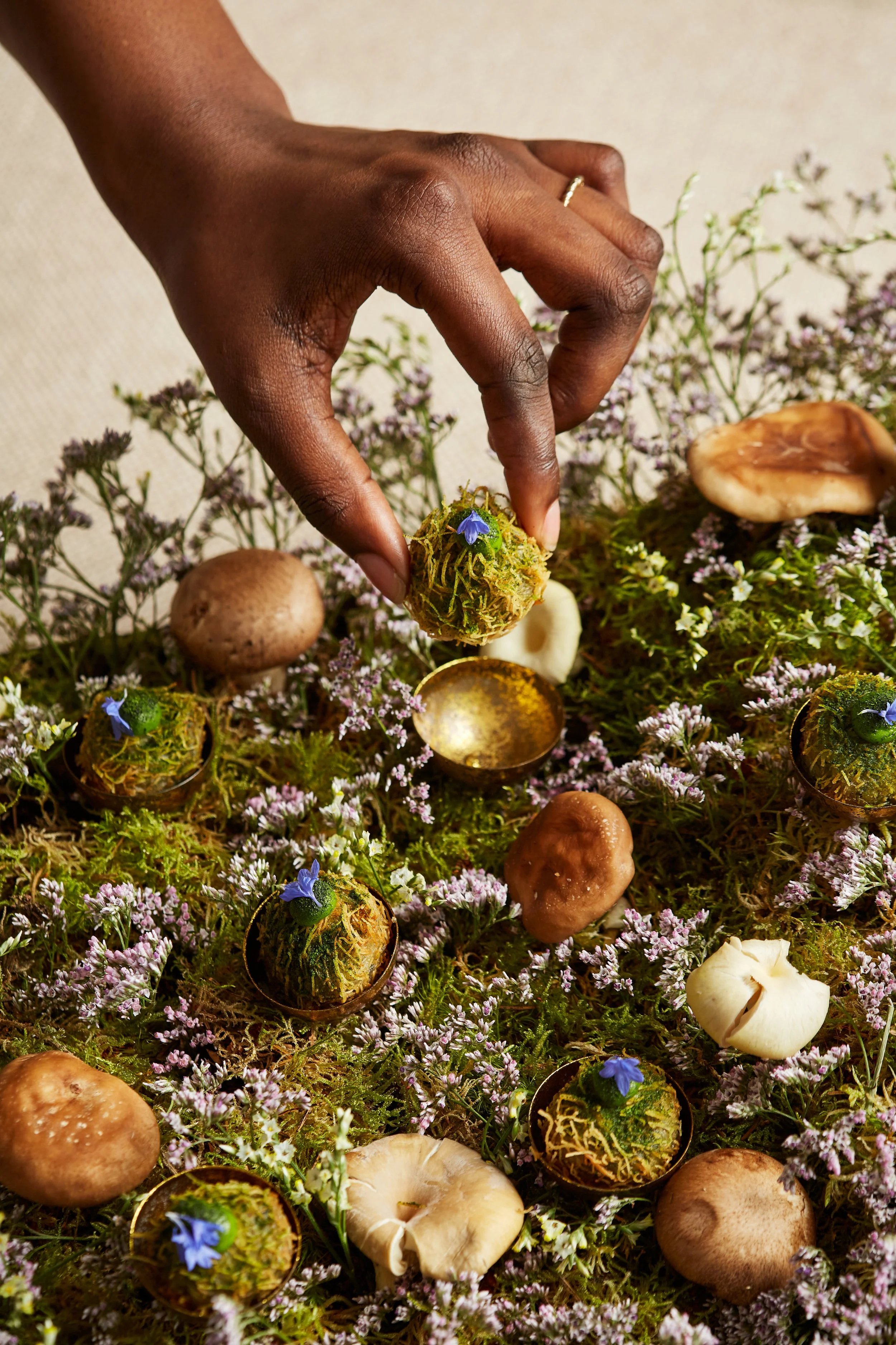 Wild mushroom and wild garlic kataifi bon bon, dehydrated chive dust. (VG) 3.jpg