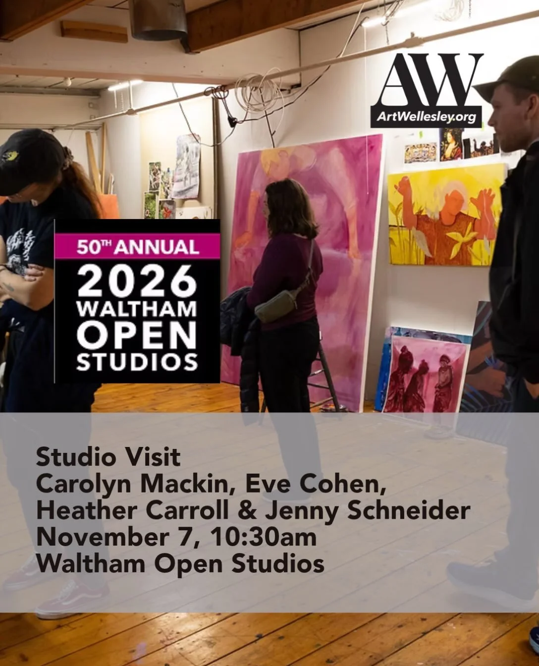 Join Art Wellesley for a private tour of artists&rsquo; studios during Waltham Open Studios 2026.

We&rsquo;ll begin at Lincoln Studios at 10:30 AM sharp, where we&rsquo;ll meet Carolyn Mackin @carolynmackin (2nd Floor, Studio #207). From there, we&r