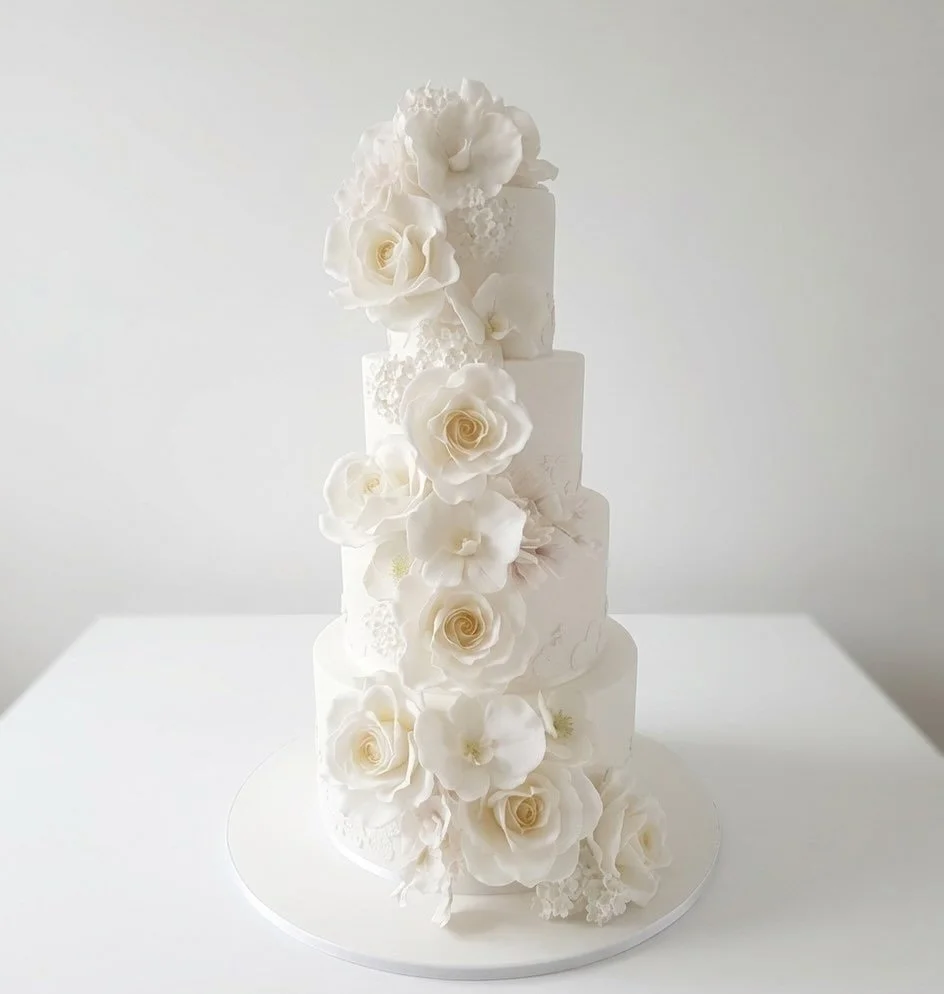Detailed handmade flowers cascading over 4 tiers