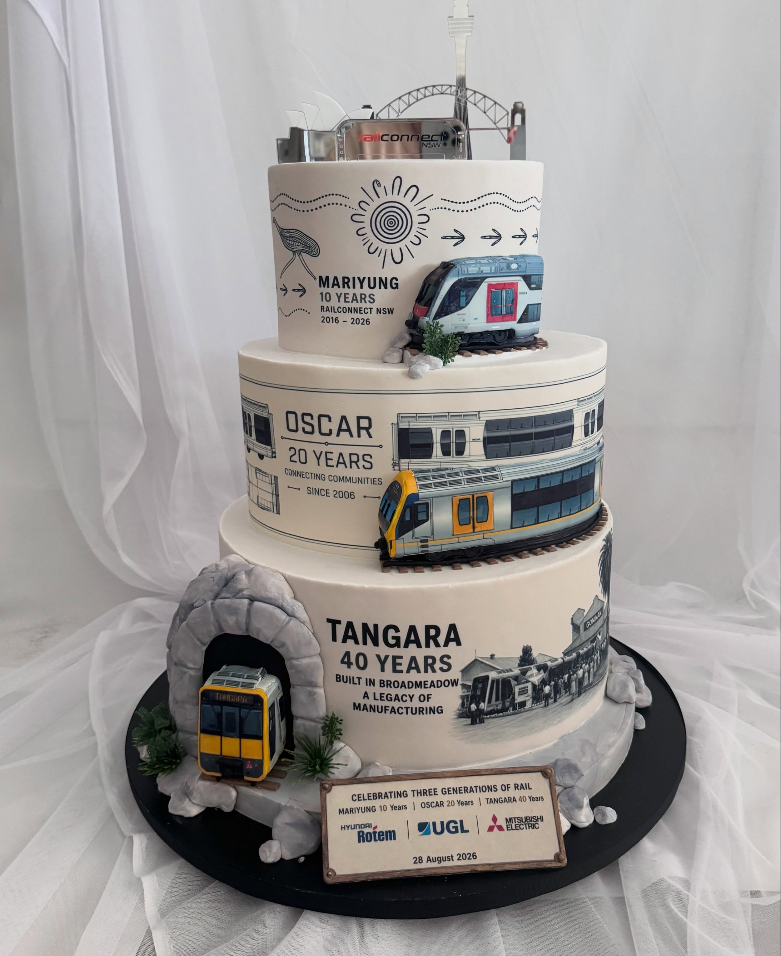 Thrilled to make a cake for @mitsubishielectricaustralia celebrating milestone anniversaries of train models 
Swipe to see design rendering ➡️
Topper by @odd.onein
