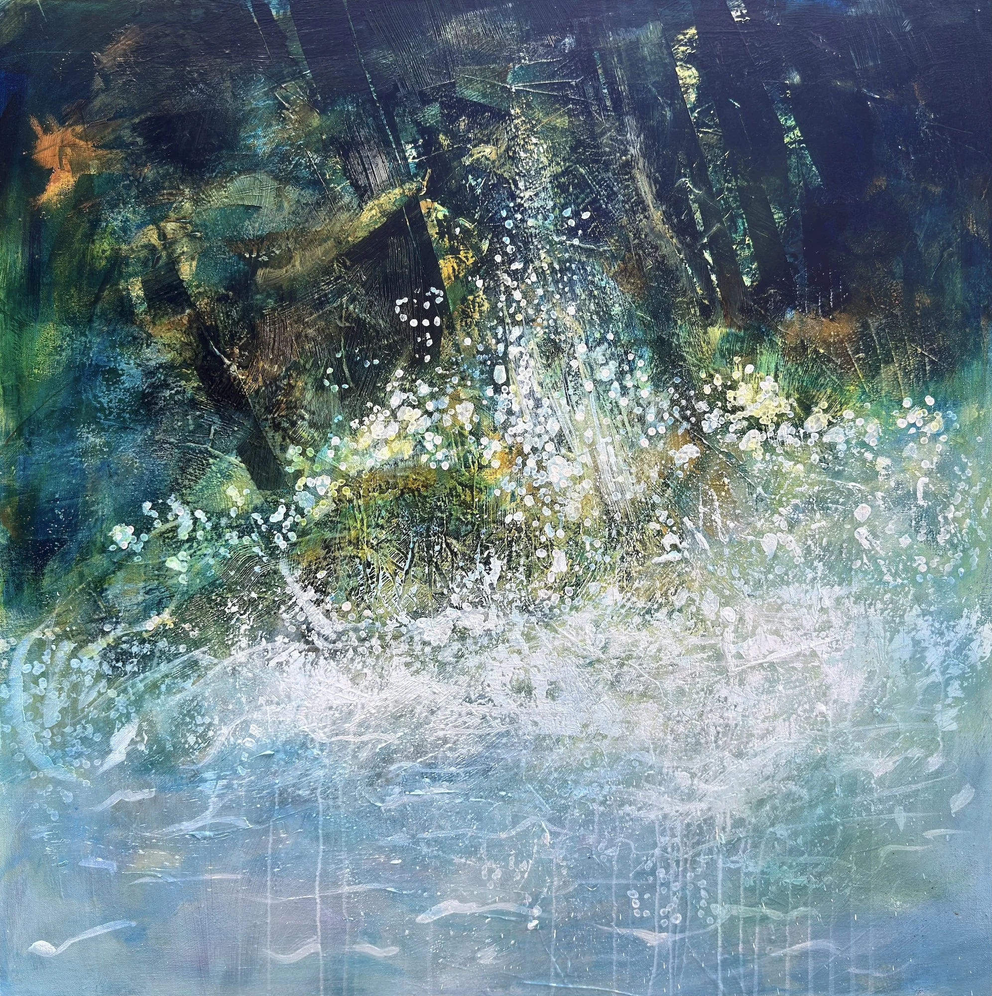 CASCADE IN THE FOREST - 36W x 36H x 1.5D" Acrylic on gallery wrapped canvas