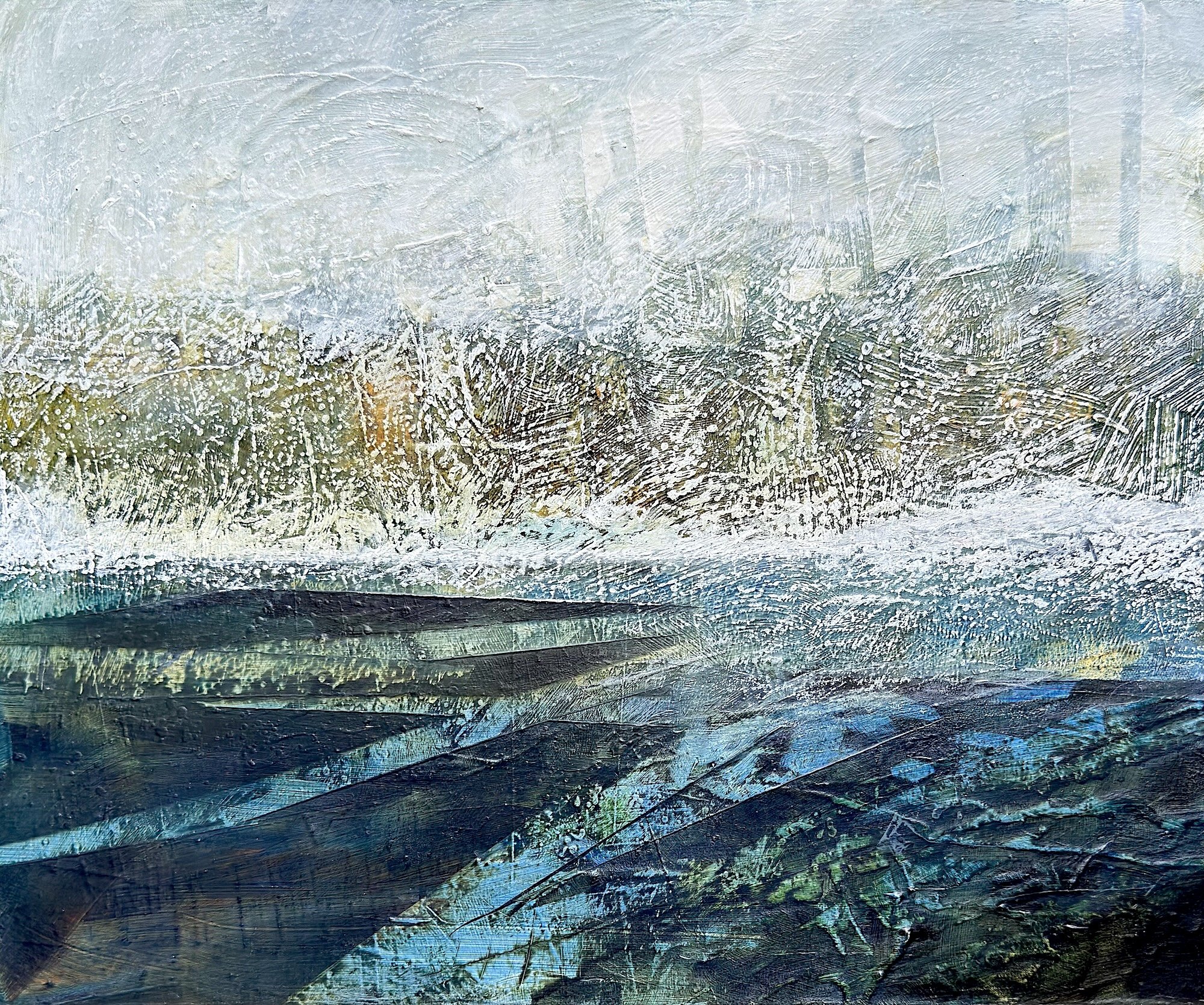 SNOW COMING TO THE MARSH - 24W x 20H x 1.5D" Acrylic/mixed media on gallery wrapped canvas
