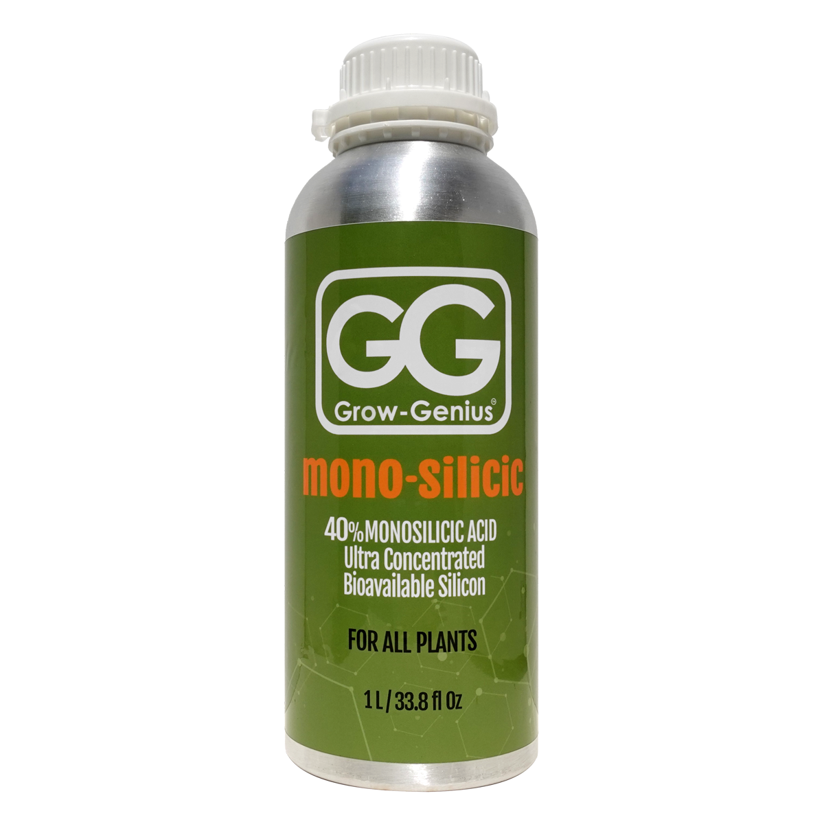Bottles of Grow Genius mono-silicic acid for plants with green labels and white caps.