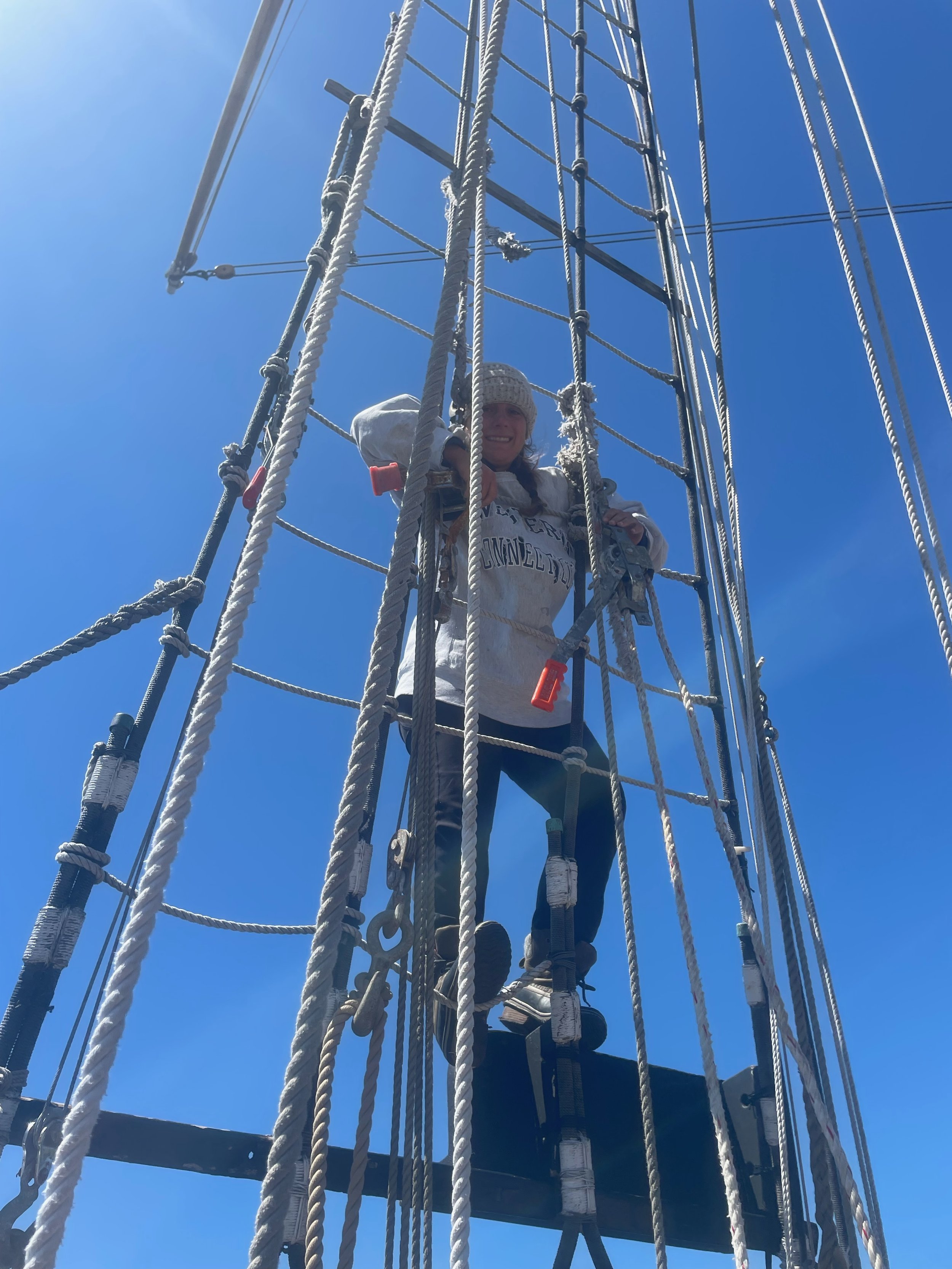  Maddie in position to crank away and tension the dead eye lanyards.  