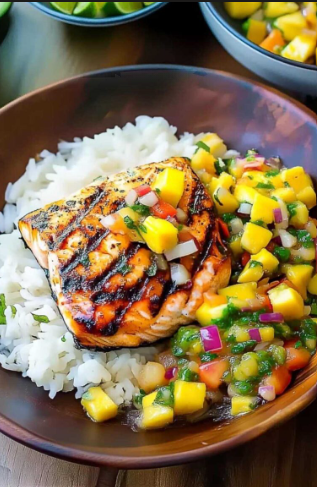 BBQ Salmon, Coconut Rice                 &amp; Mango Salsa 