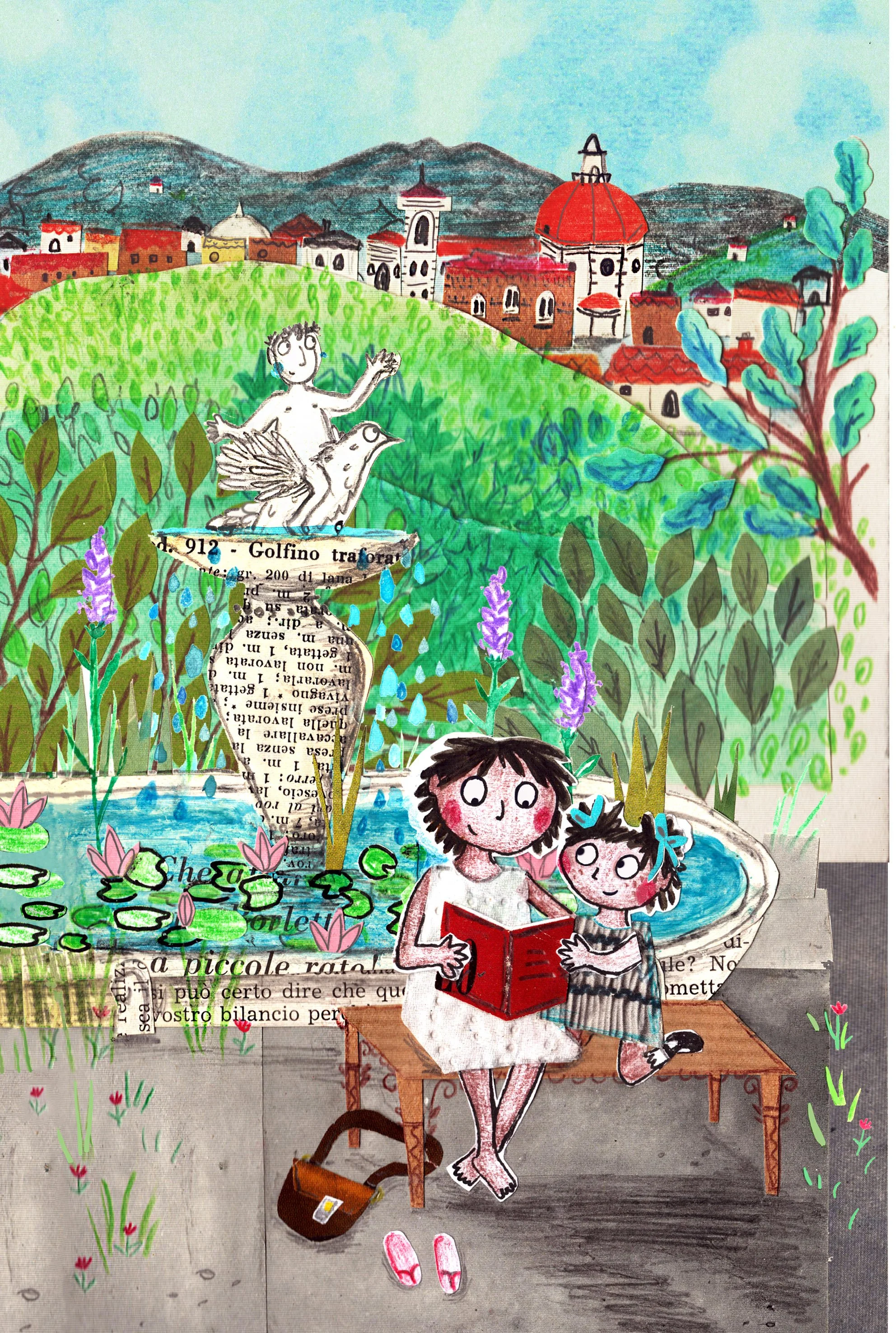 Reading by the Fountain | Collage