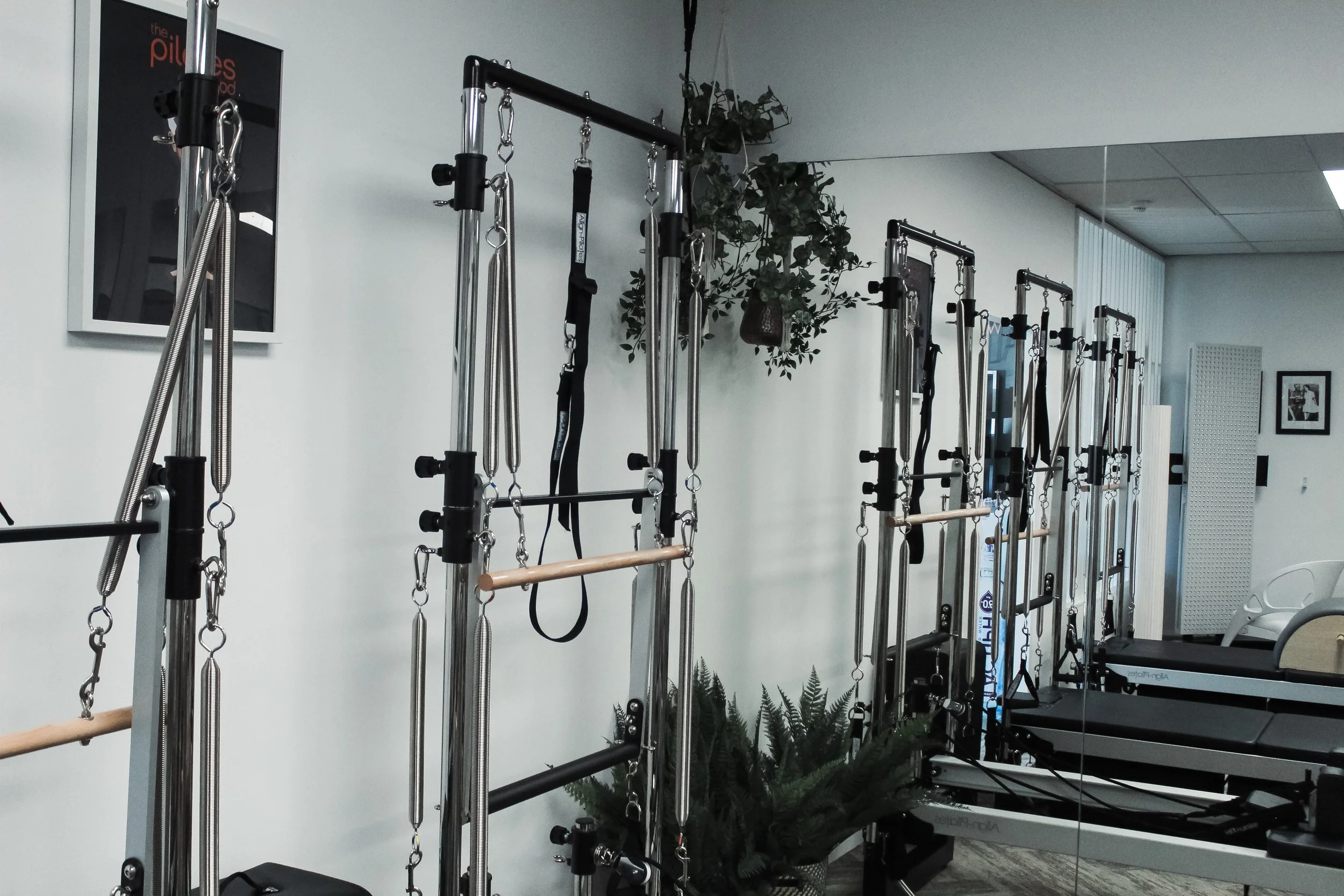 A fitness studio with Pilates equipment, including metal frames, springs, and bars, along with some greenery in the background and framed pictures on the wall.