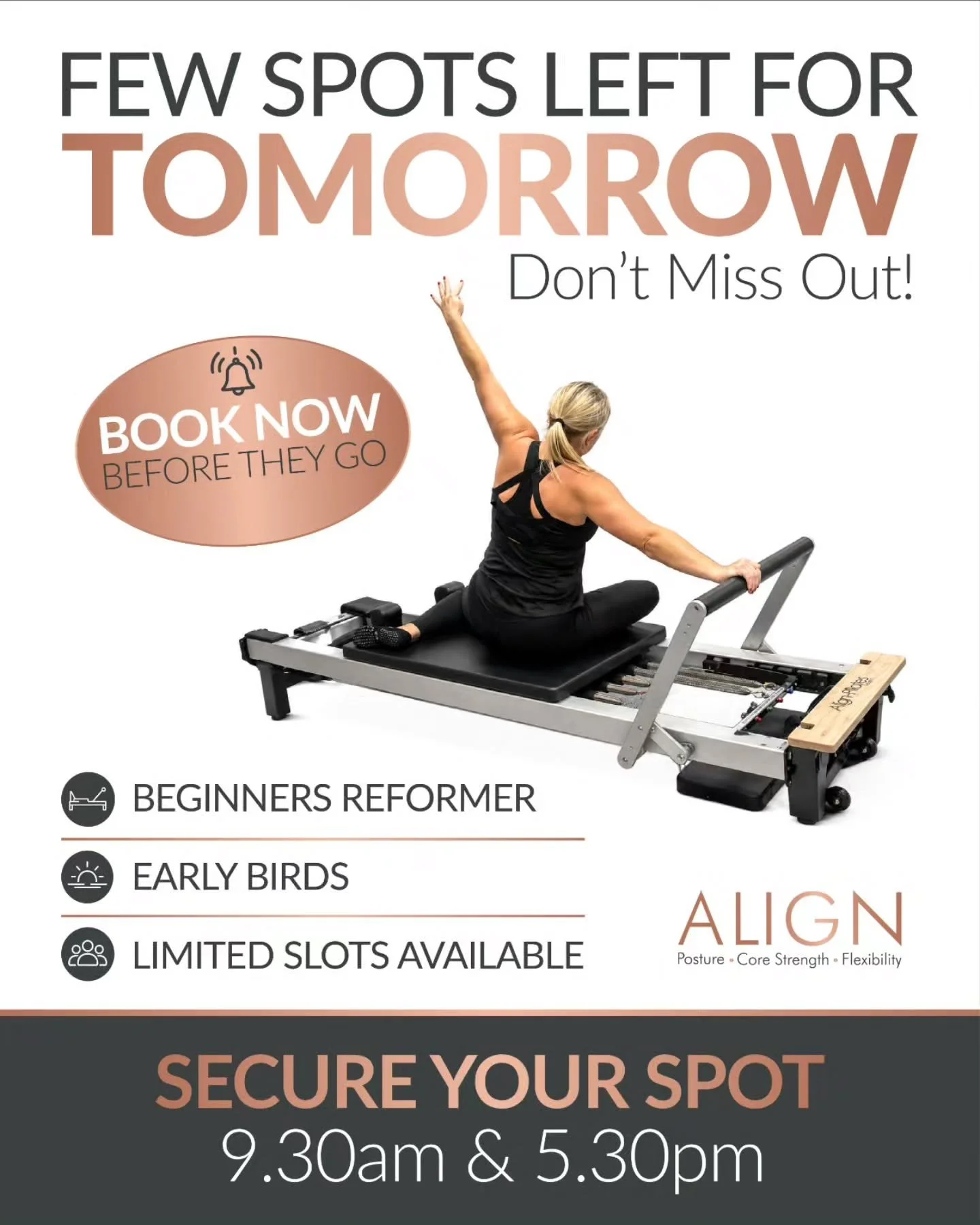 🚨 FEW SPOTS LEFT FOR TOMORROW 🚨

If you&rsquo;ve been thinking about starting Pilates&hellip; this is your moment.

We&rsquo;ve got limited spaces remaining in our Beginner Reformer classes and they&rsquo;re filling fast.

✨ Build strength
✨ Improv