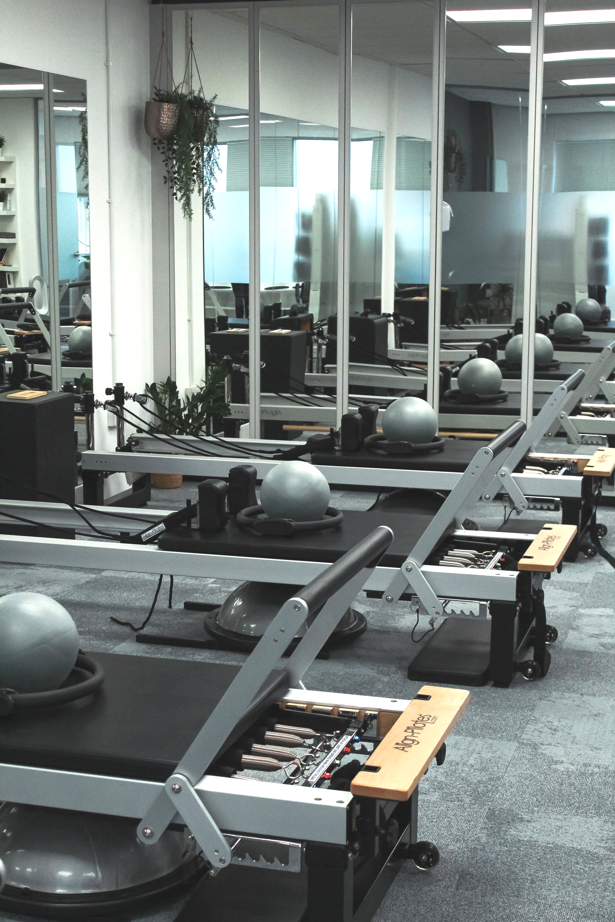 A Pilates studio with multiple reformer machines lined up, each equipped with exercise balls. The room features mirrored walls and some hanging plants for decoration.