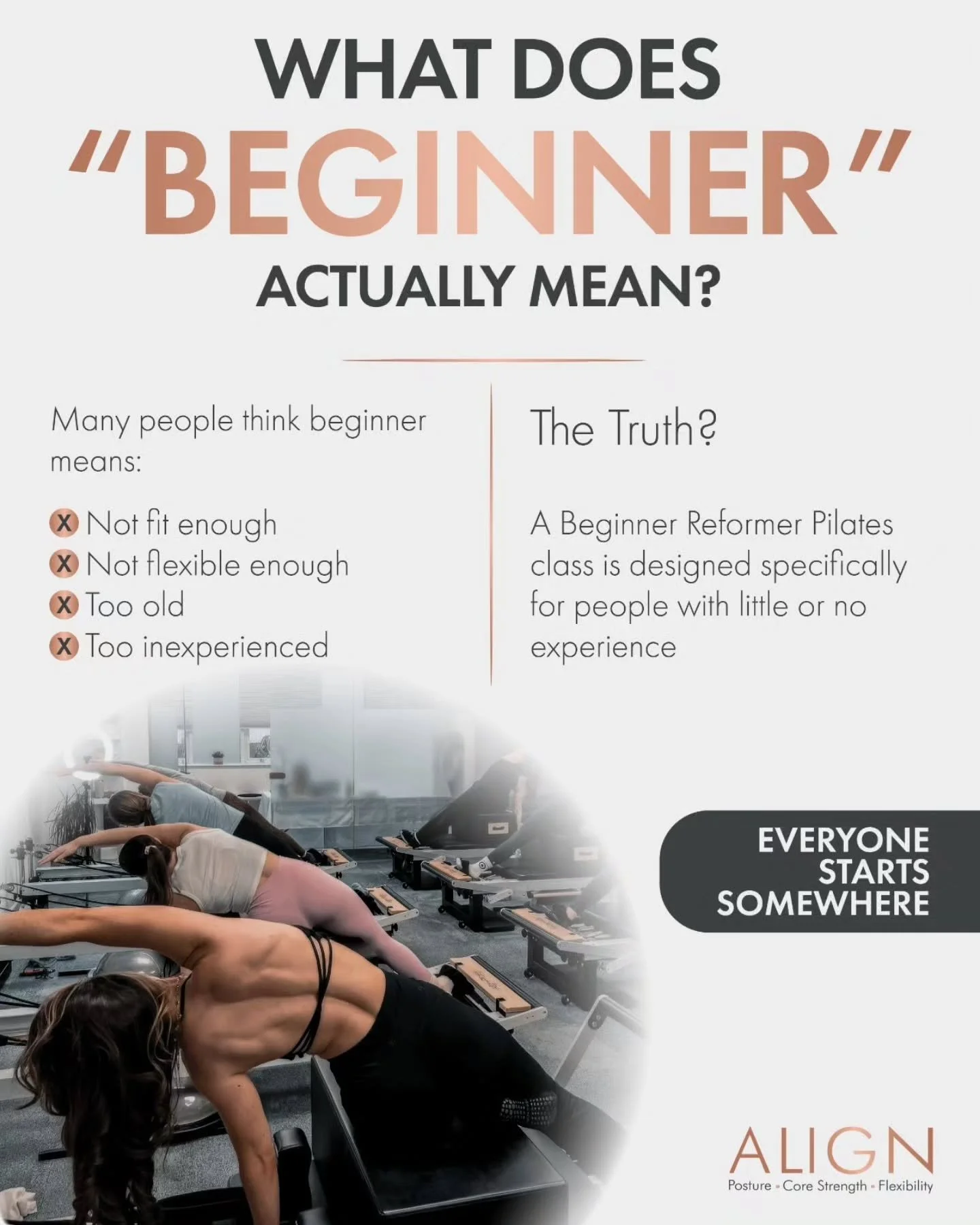 Think "Beginner" means you're not fit enough? Think again. 👇

One of the biggest misconceptions about Reformer Pilates is that beginner classes are only for certain people.

The truth? Beginner classes are designed for anyone who wants to 