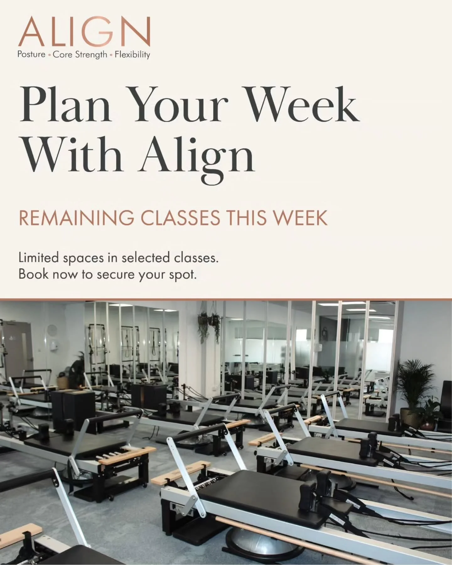 Plan your week, prioritise your wellbeing. ✨

There&rsquo;s still time to join us in the studio this week, with a selection of Reformer Pilates, Power of Tower and private sessions available.

Whether you're building strength, improving flexibility, 