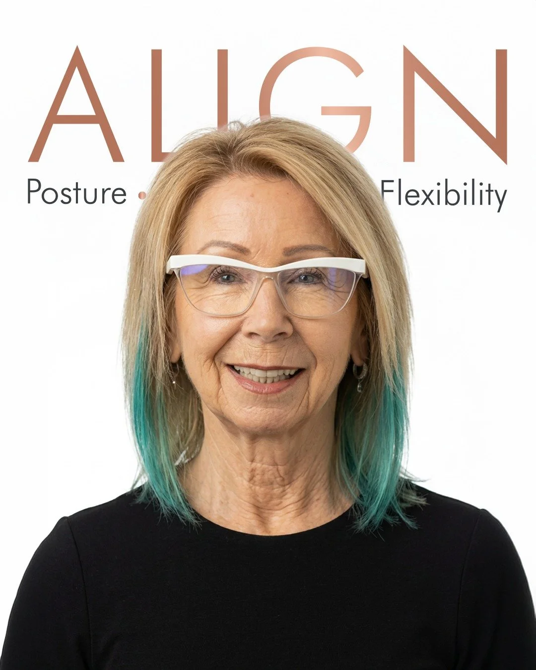 Photo of a woman with glasses and teal-dyed hair, smiling against a white background with the words, 'ALIGN Posture & Flexibility'.