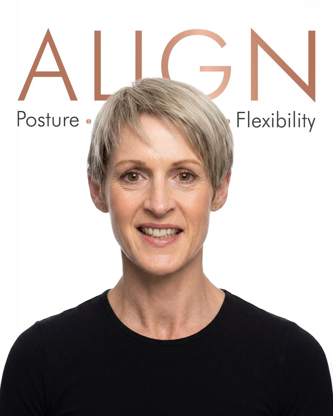 Cover of a book titled 'ALIGN' with subtitles 'Posture' and 'Flexibility,' featuring a woman with short hair, smiling, wearing a black top.