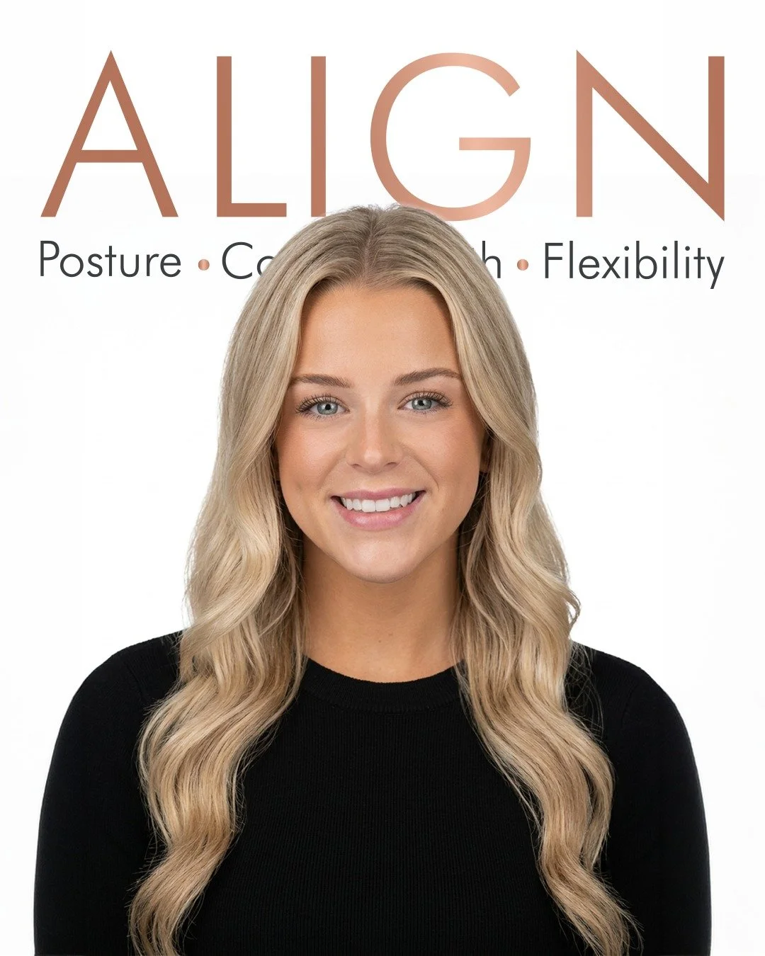 A smiling woman with long blonde hair wearing a black top, with the words "ALIGN Posture Connect Flexibility" above her.