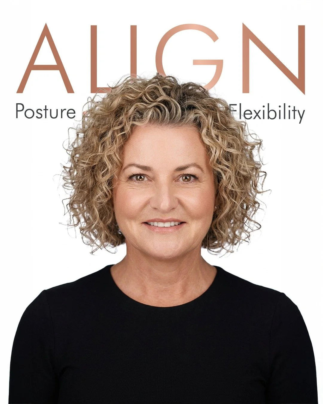 Book cover featuring a woman with curly hair, smiling, wearing a black top. The title reads 'ALIGN' with subtitles 'Posture' and 'Flexibility'.