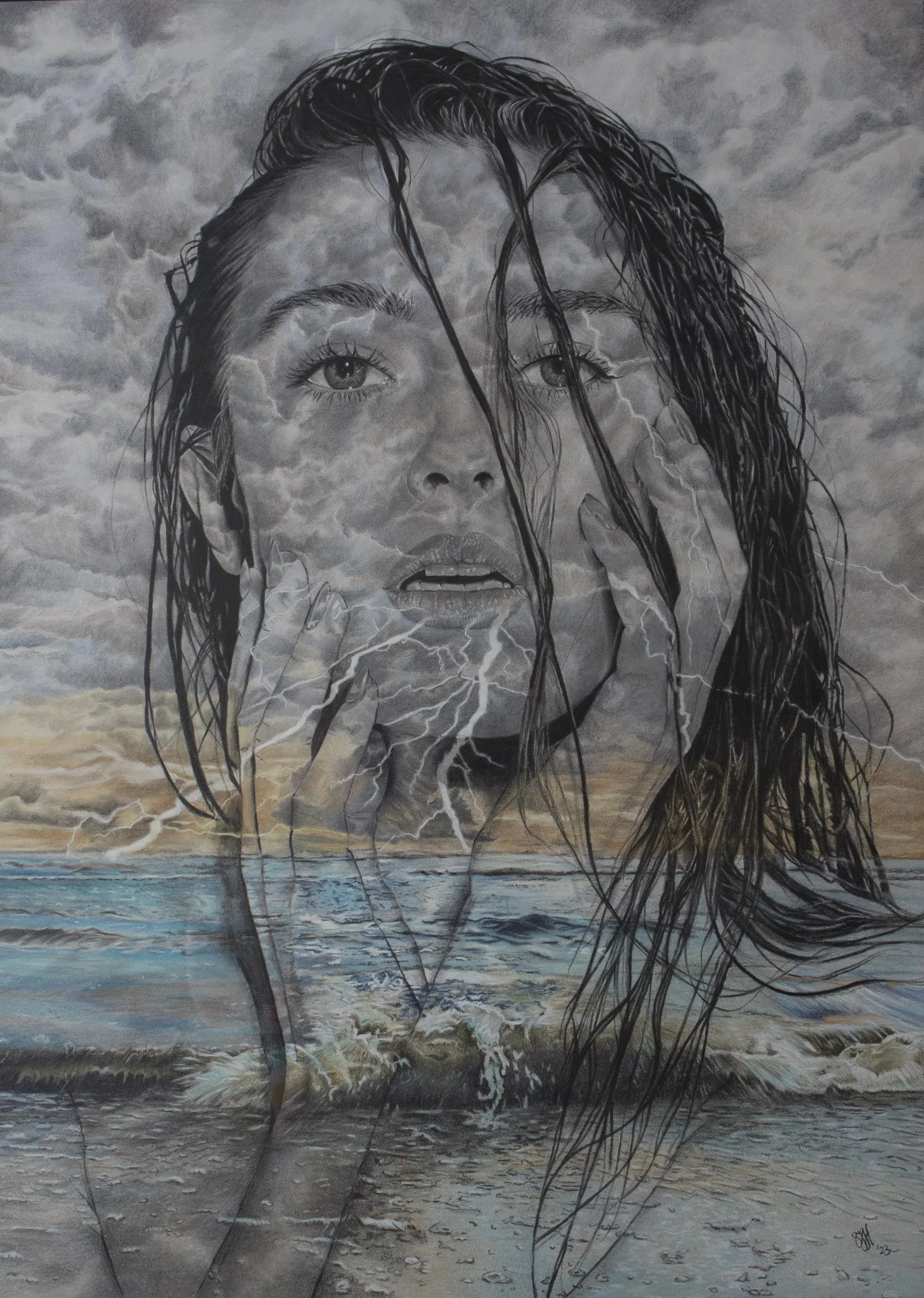 TEMPEST - AVAILABLE
"Tempest" explores the dichotomy of internal storms, using the metaphor of a tempestuous ocean. The woman superimposed on the storm symbolizes the complex nature of human emotions and struggles. From one perspective, the turbulent