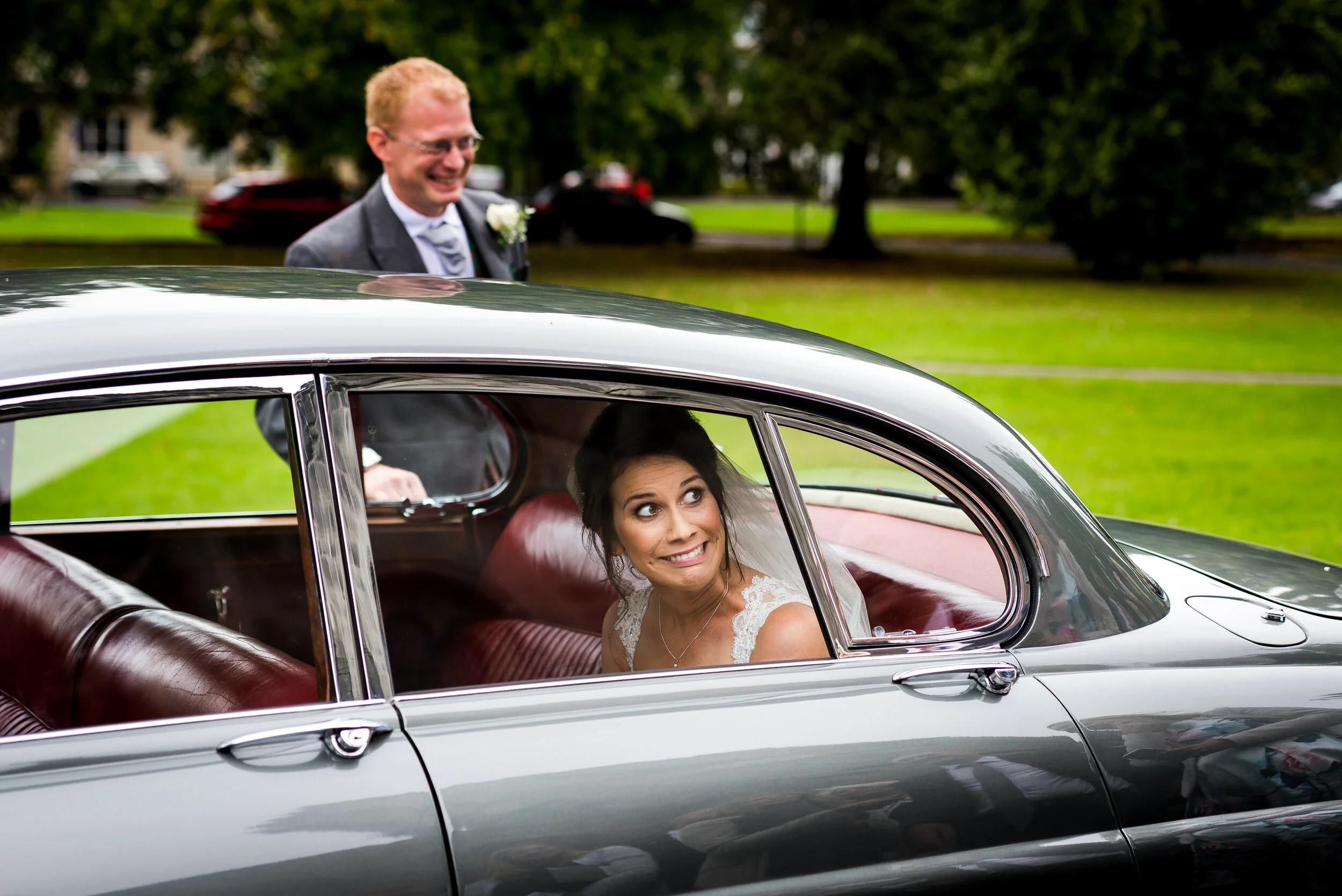 funny bride in wedding car, Harrogate North Yorkshire
