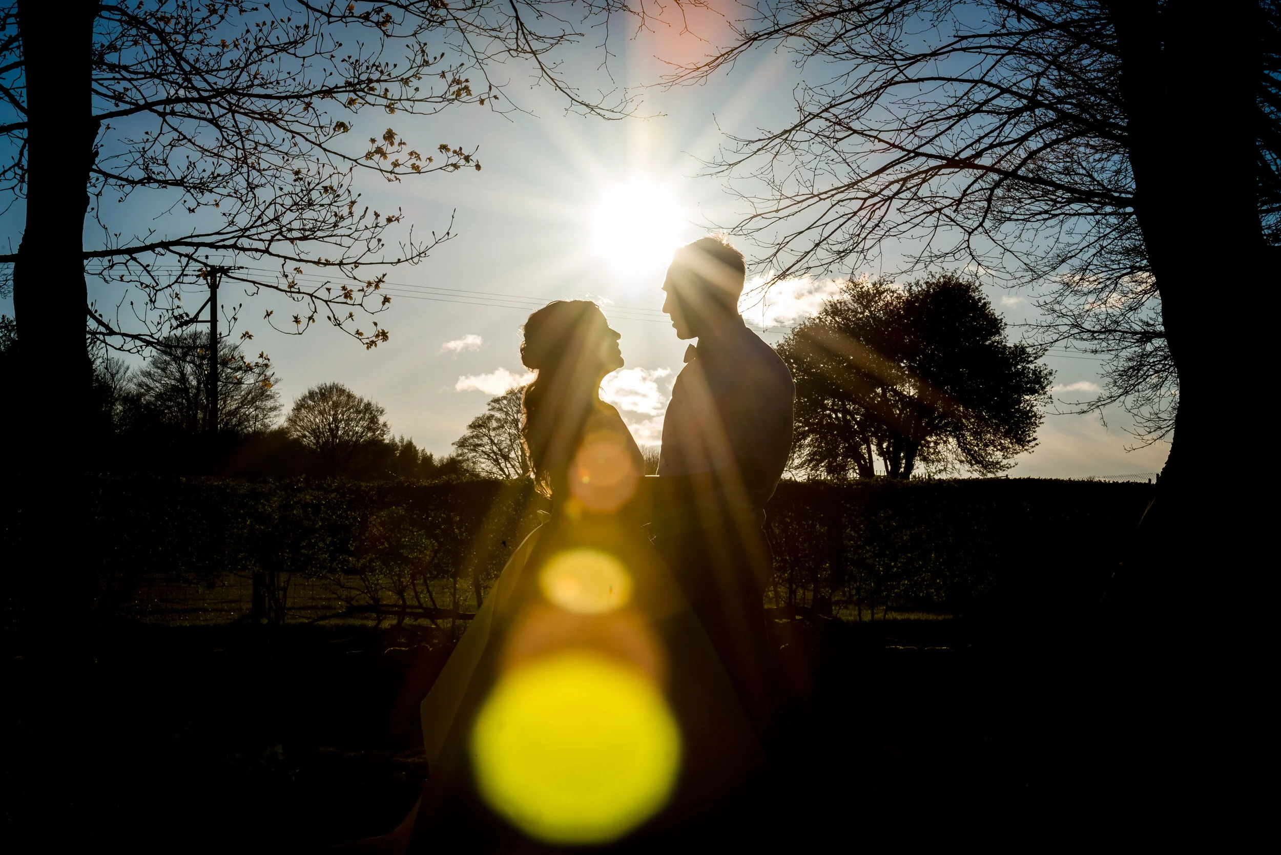 bride and groom in sunset, Bolton Abbey, North Yorkshire, Devonshire Arms