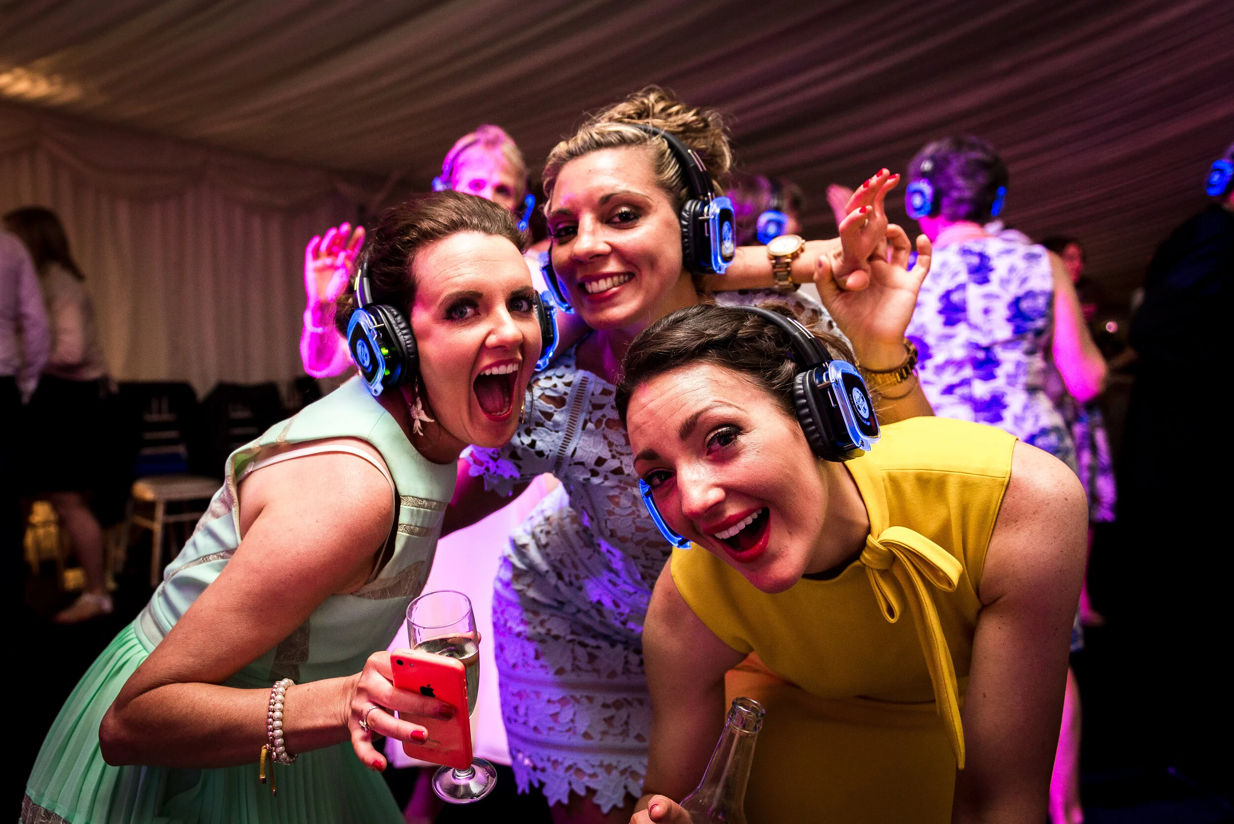 bridesmaids partying, silent disco wedding Nottingham