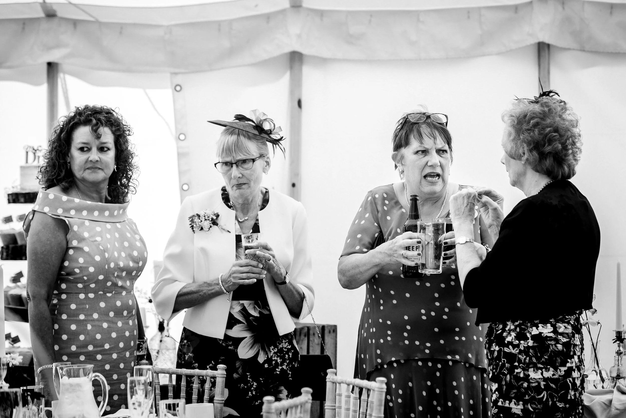 funny faces at marquee wedding, Harrogate, North Yorkshire