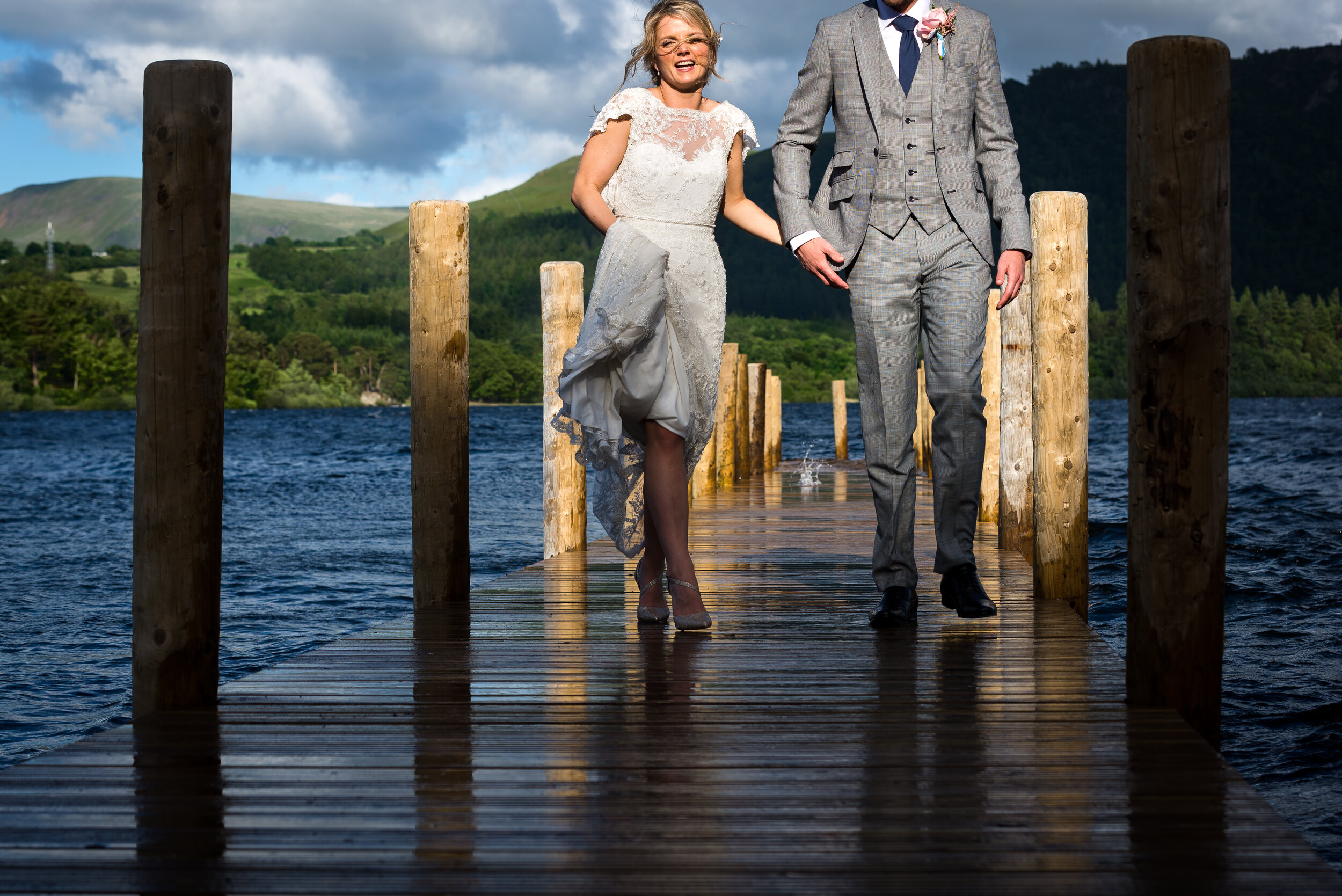 wet wedding dress, bride and groom portrait, Lake District, Lingholm Estate wedding, Cumbria