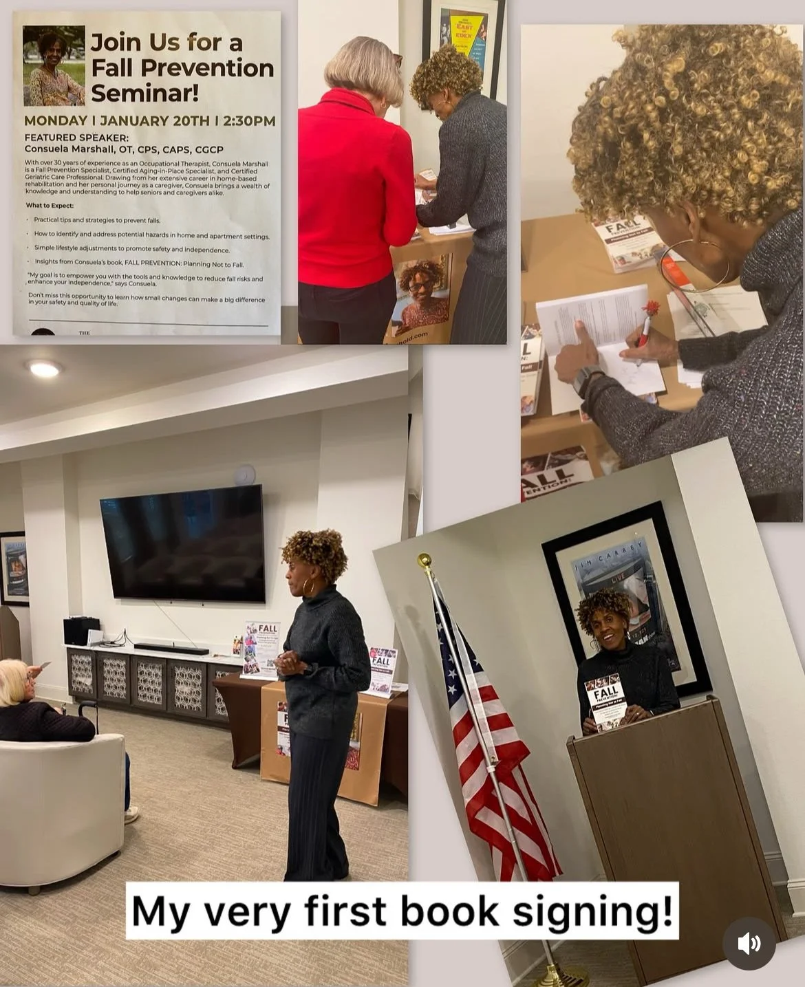 Finding A Foothold Foundation guest speaker hosting a fall prevention talk and book signing at a local assisted living community.