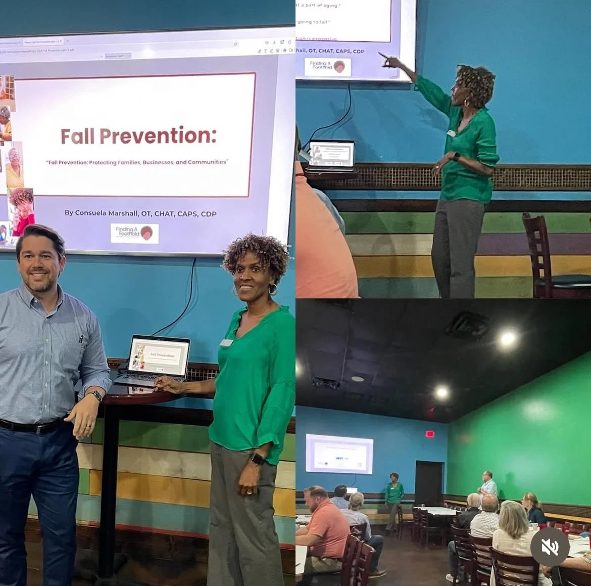 Consuela Marshall of Finding A Foothold Foundation speaking on fall prevention to business leaders at the Zachary Rotary Club with the club president standing beside her..
