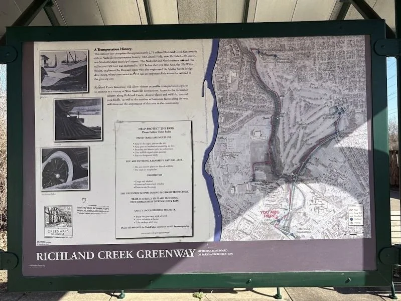 Richland Creek Greenway marker. At Greenway entrance at 22 White Bridge Road. Photography by Darren Jefferson Clay, March 2, 2025