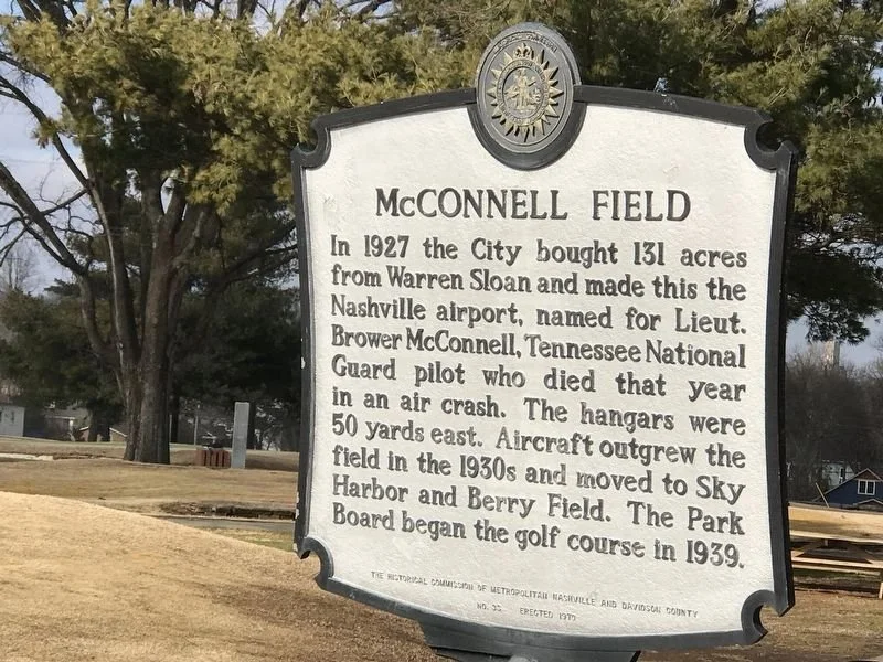 McConnell Field #2 marker. Located at 4601 Murphy Rd. In parking lot of Golf Club house off Sloan Rd. Photographed by Duane and Tracy Marsteller, February 7, 2021