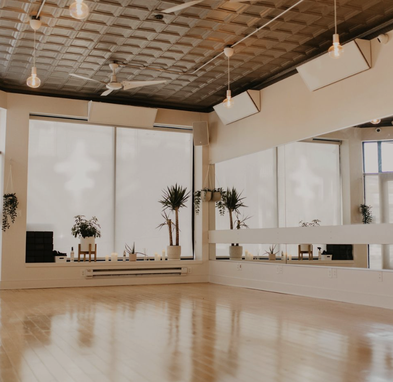 Empty dance studio with large windows, potted plants, hanging light bulbs, and a wooden floor.