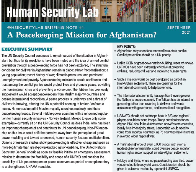HSLab Publishes Briefing Note on Peacekeeping in Afghanistan