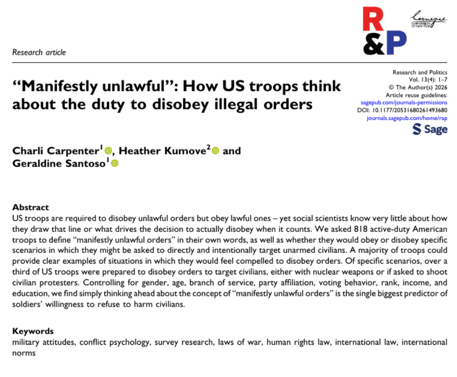 New Published Study: International Law Affects US Troops’ Willingness to Resist War Crimes 