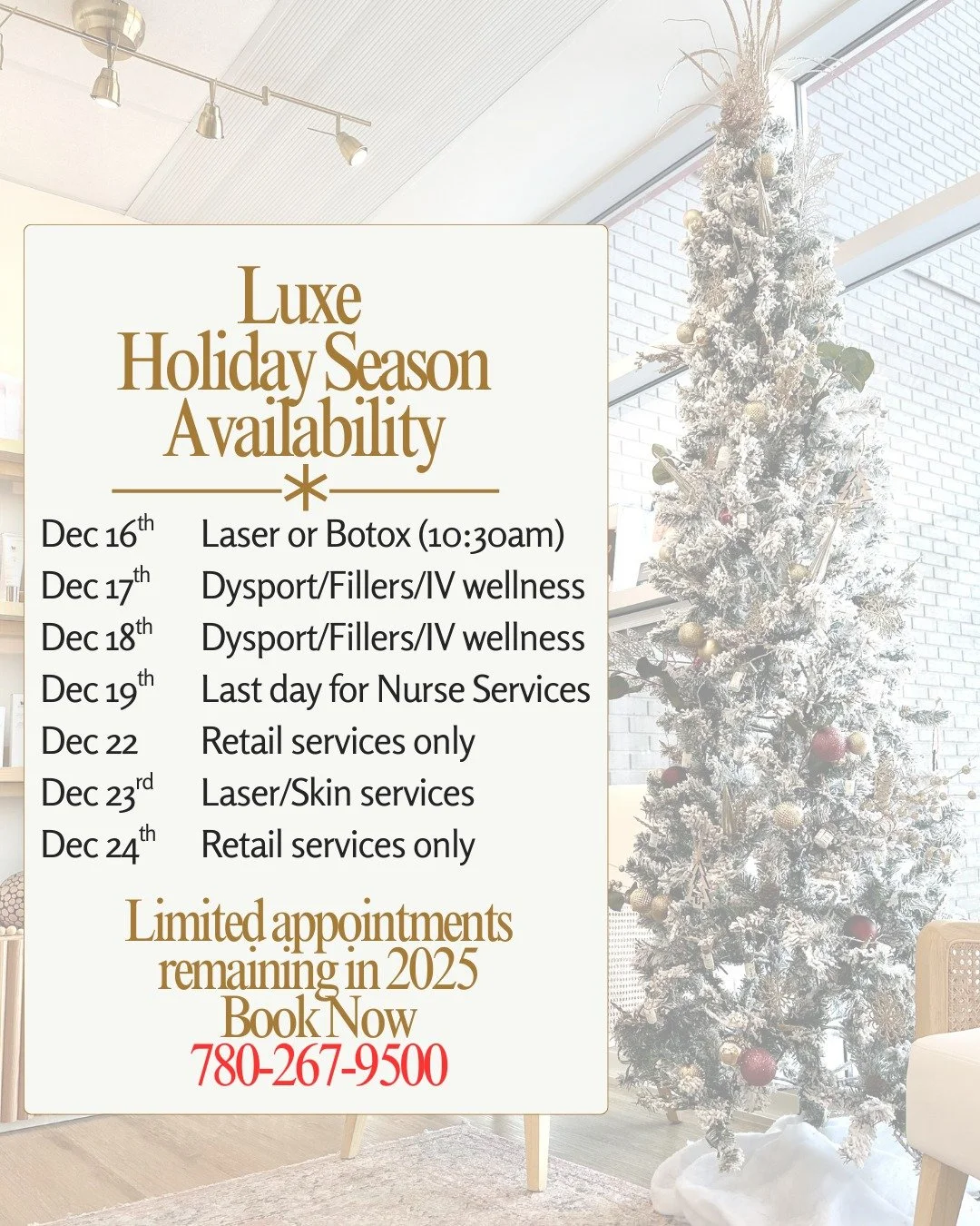 Christmas is fast approaching and limited appointments remain before the holiday season kicks off. Don't wait, grab yourself a holiday wellness appointment now, at Luxe!