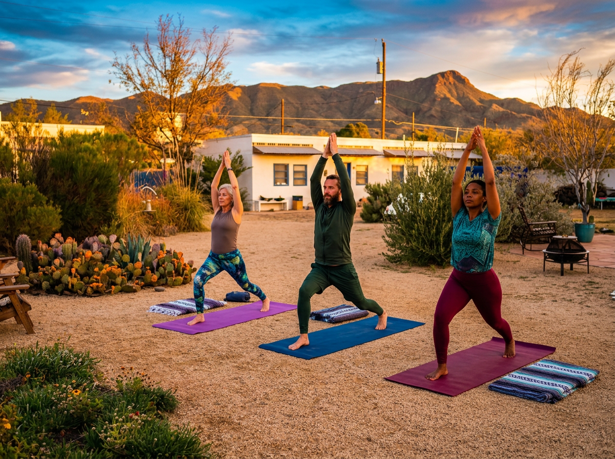 AI generated copy of yogis in courtyard at La Paloma Hot Springs and Spa In T or C, NM in Warrior pose