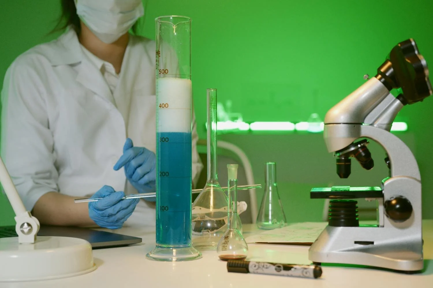 Chemistry lab setup with balanced chemical equations