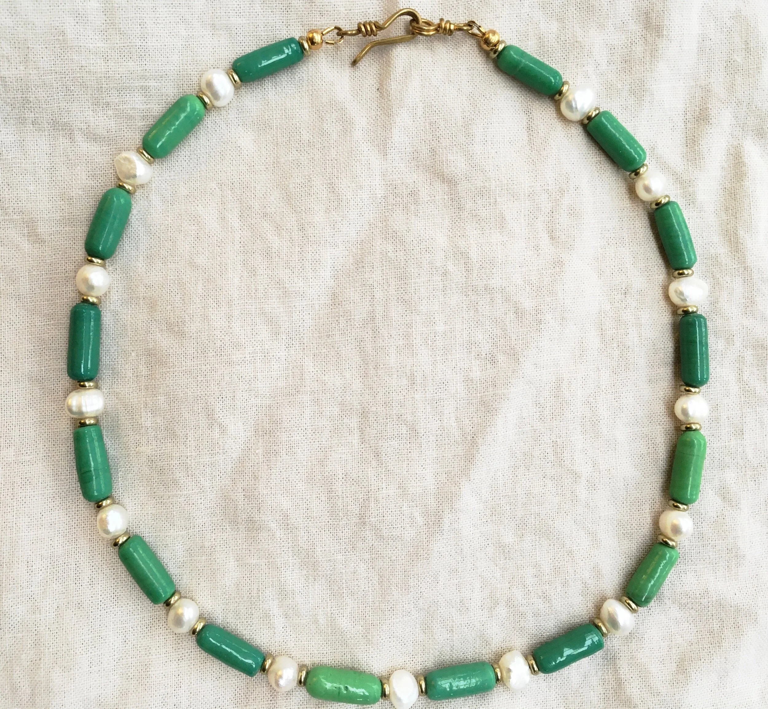 Green Lampwork Glass and Pearl Necklace