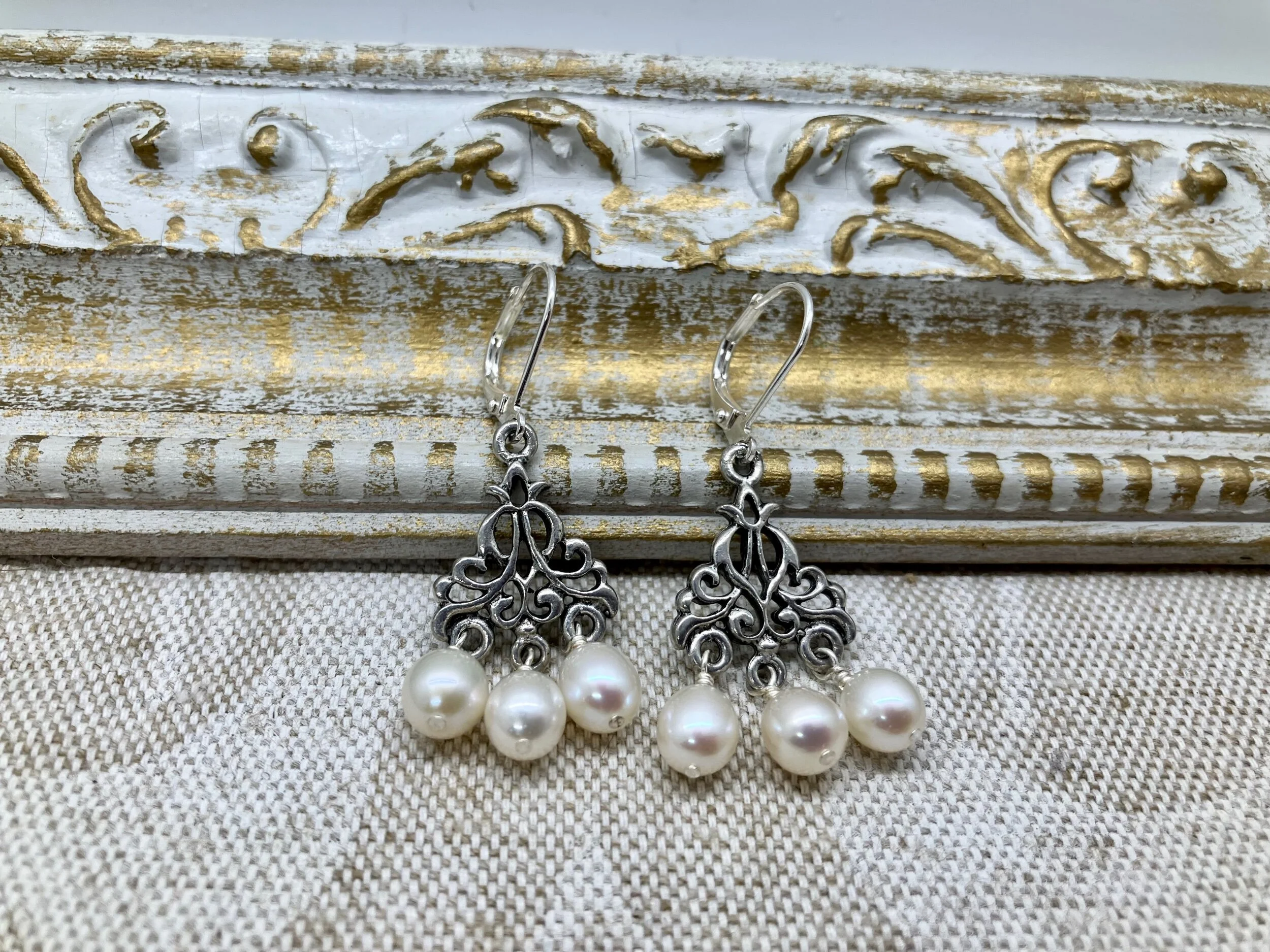 Renaissance/ Baroque Style Chandelier Earrings with White Freshwater Pearls
