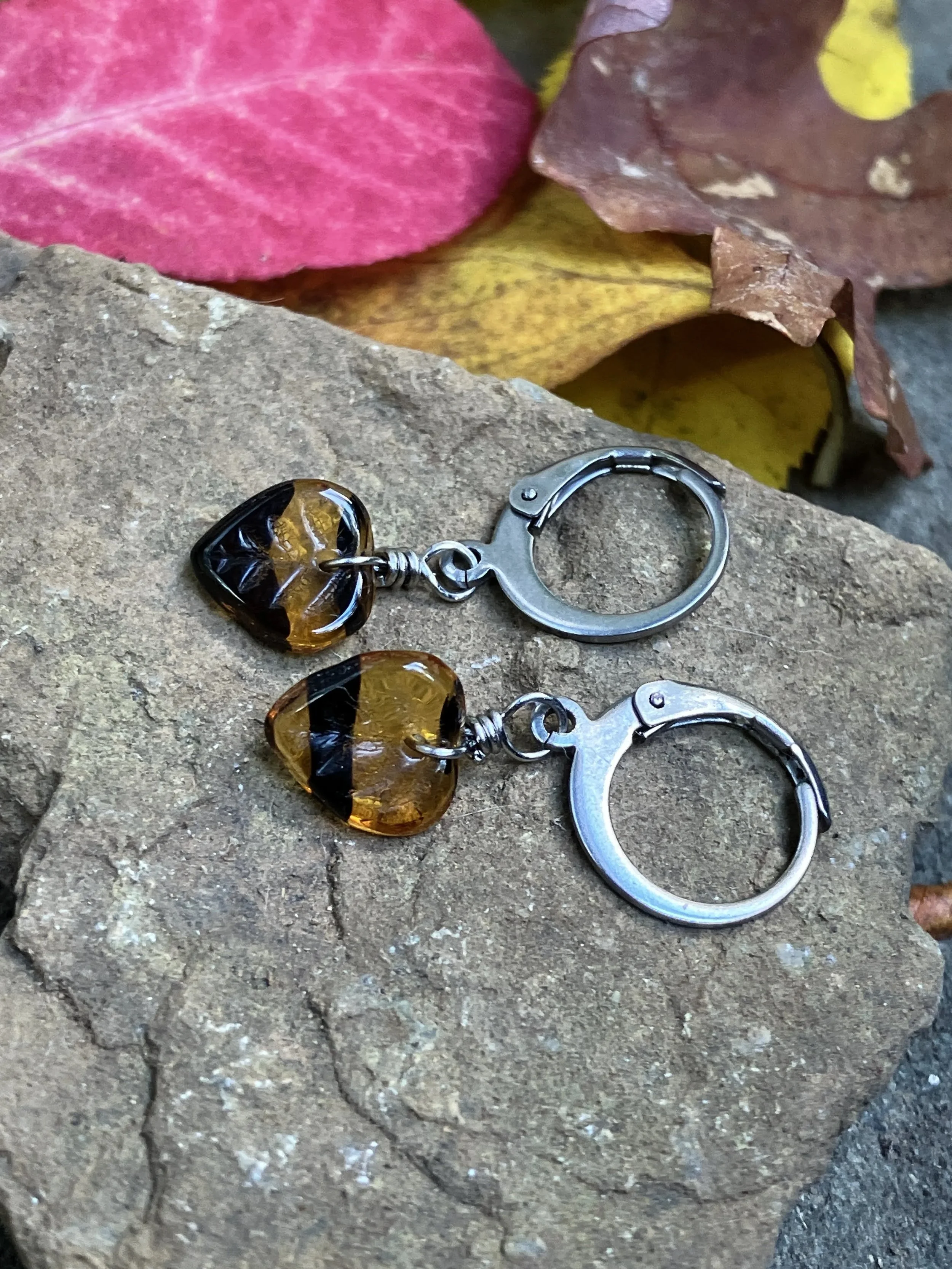 Tortoise Shell Czech Glass Leaves on Stainless Steel Leverback Hoop Earrings