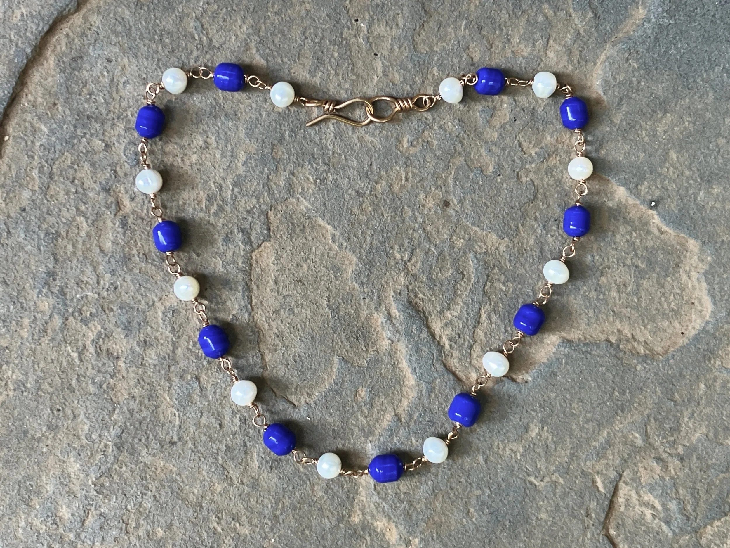 Opaque Blue Glass and Pearl Roman Style Necklace