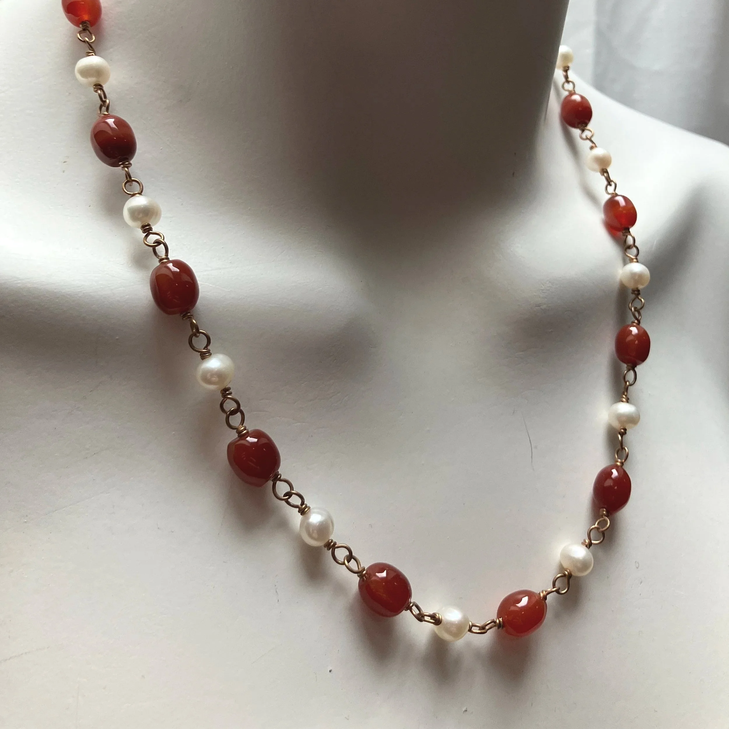 Carnelian and Freshwater Pearl Bronze Ancient Roman Style Necklace