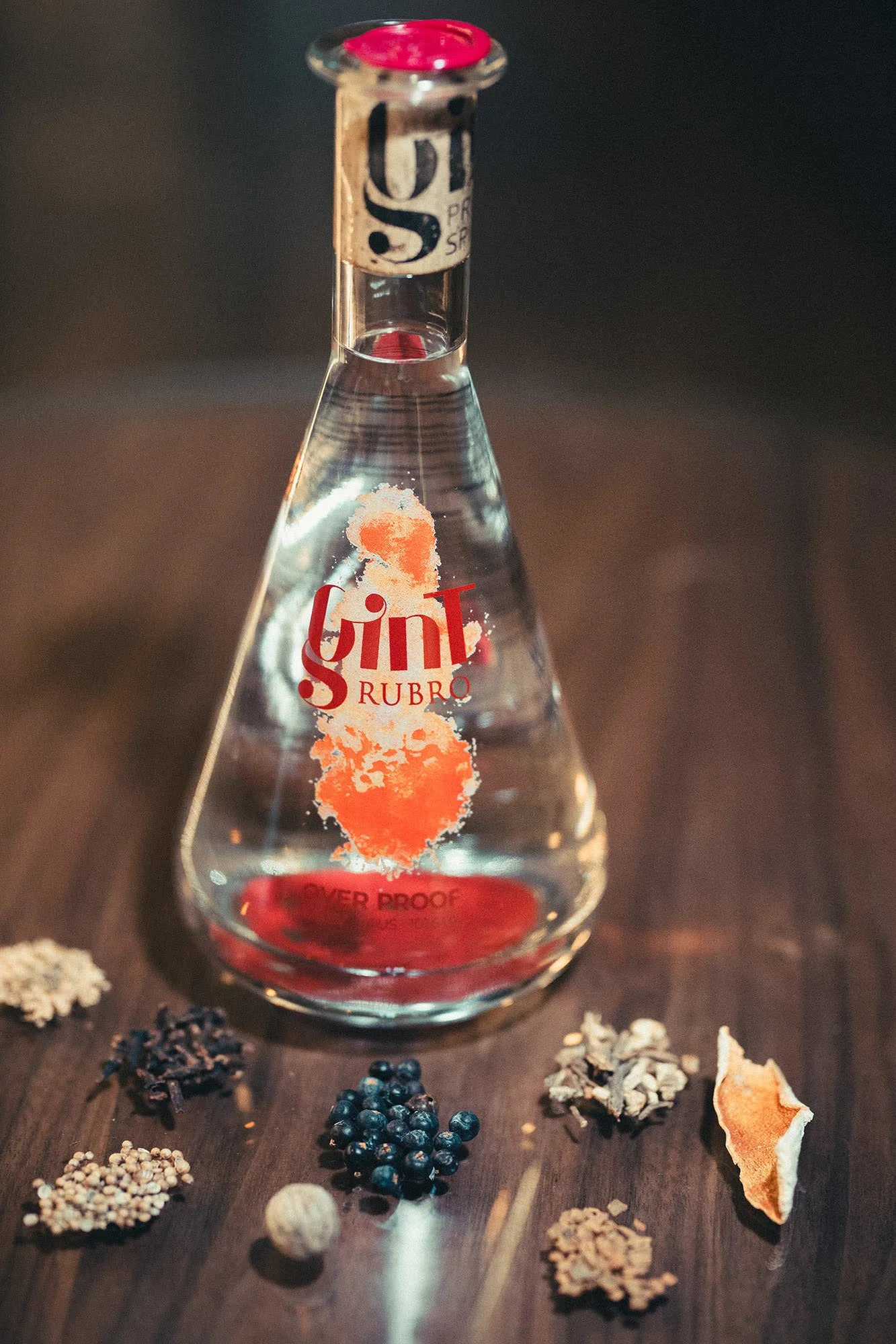 Gin T Rubro Bottle with distilled herbs and spices