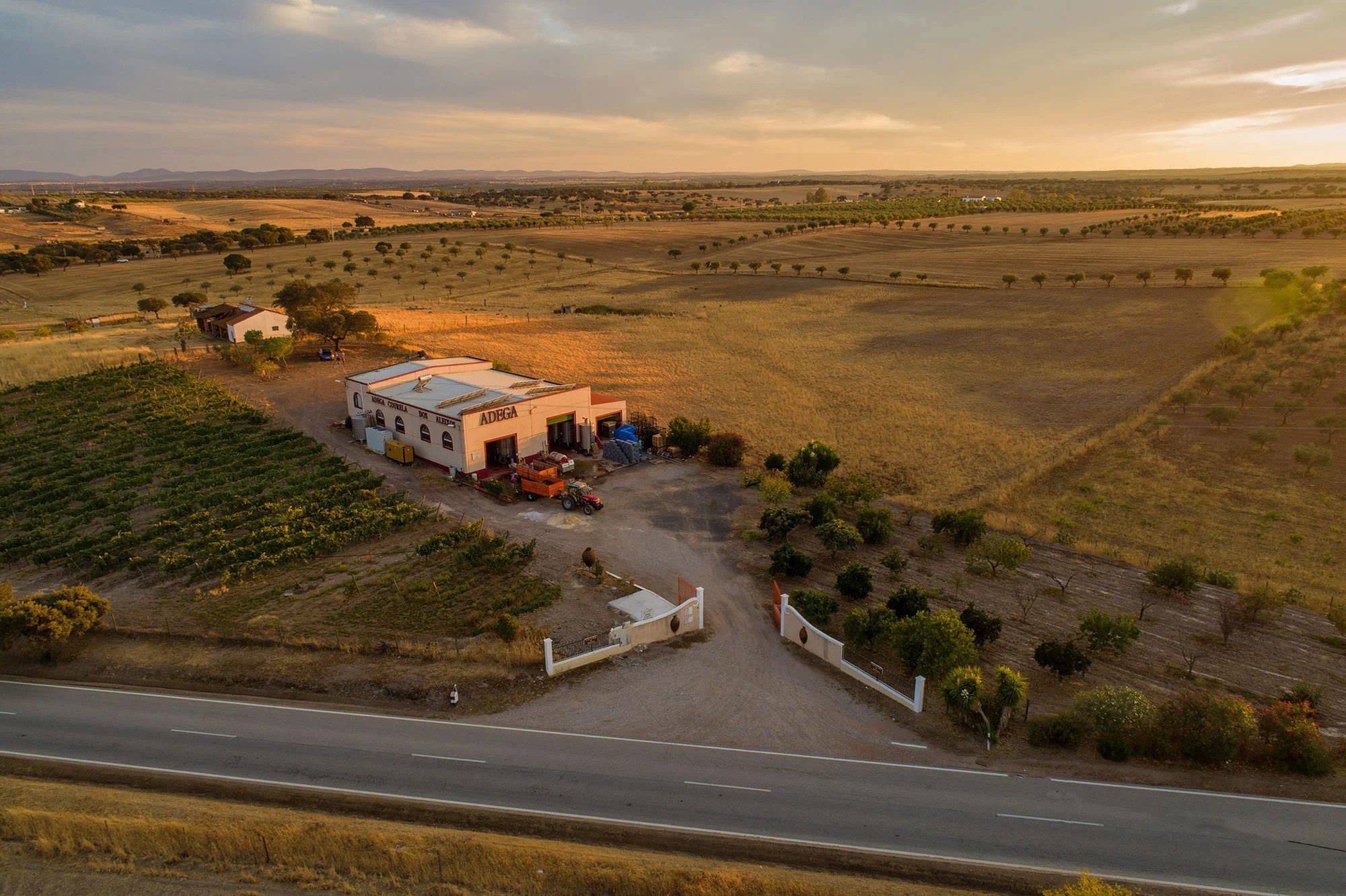 The sun sets on a small family owned winery called Adega Marel in the wine subregion of Amareleja in Alentejo Portugal