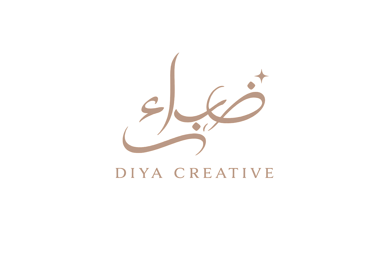 A black background with the word "عيد مبارك" written in beige Arabic calligraphy, accompanied by a small star and square shape, and the phrase "DIYA CREATIVE" written below in capital letters.