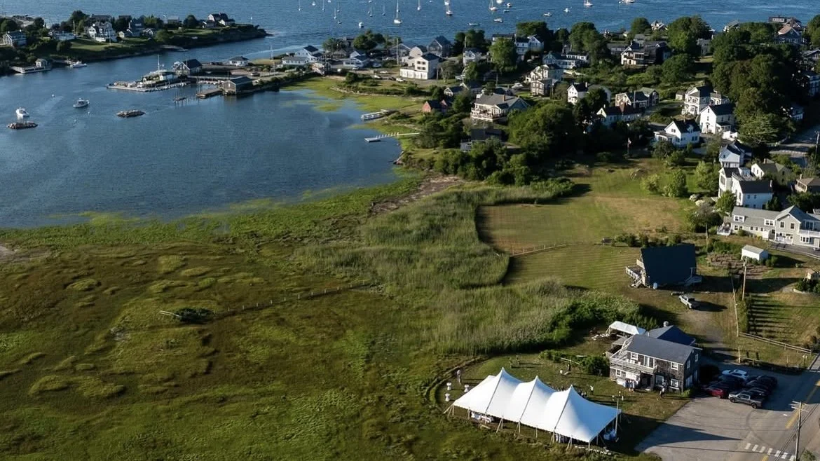 Aerial view of a coastal town with houses, boats, and a marina, with green grassy areas and water.