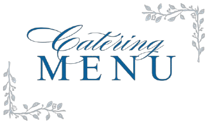 Catering menu cover with decorative leaves and elegant blue text on a black background.