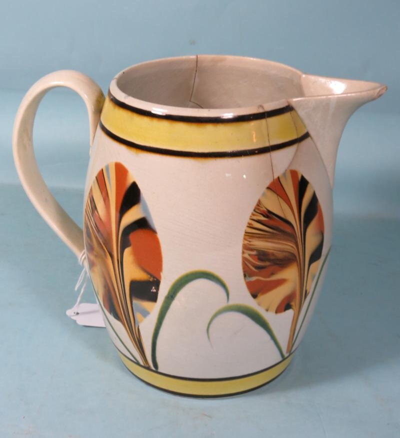 POTTERY- Early 19th c English Pealware Mocha pitcher, 1805/1815. SOLD $14,950
