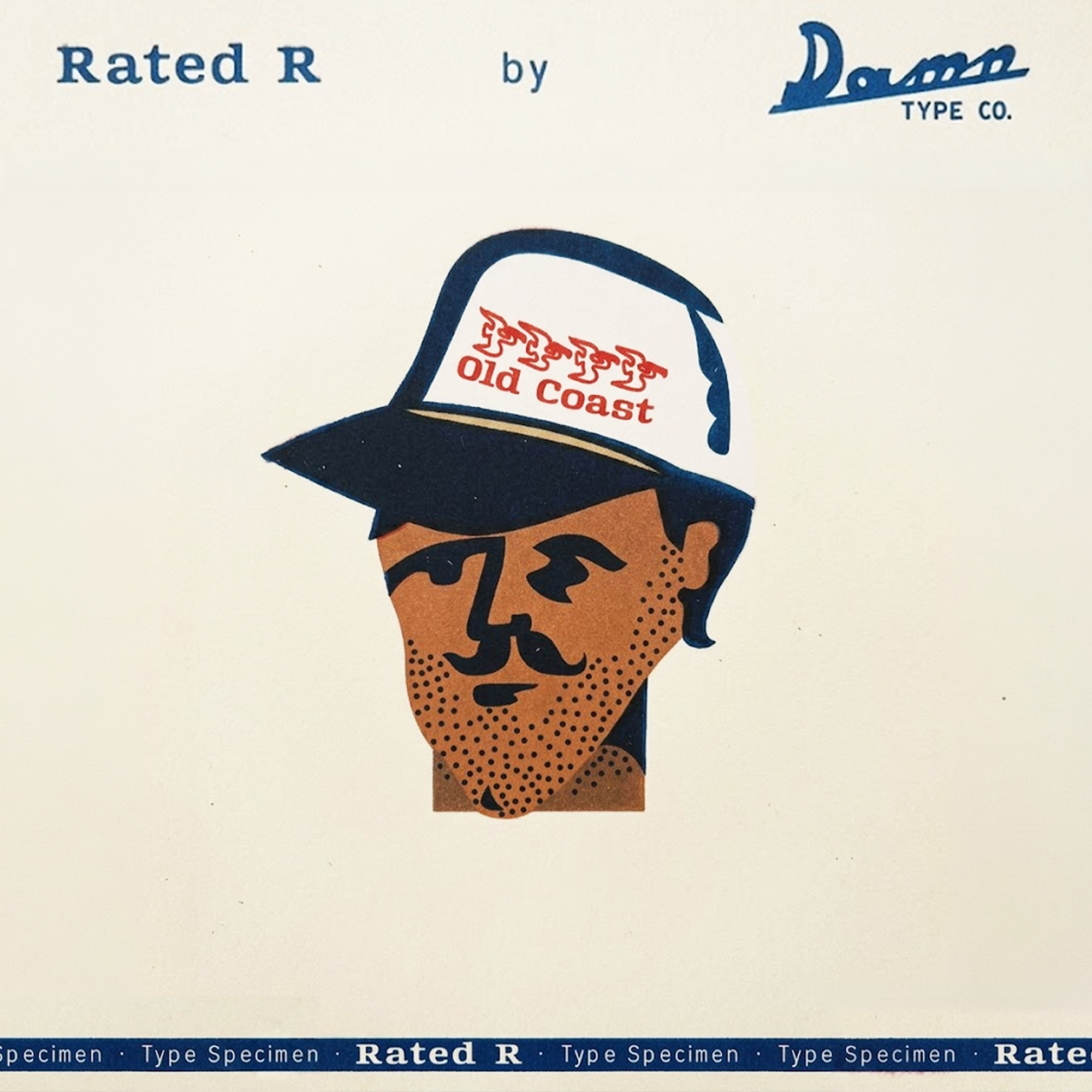 Character specimen for Rated R font. Minimalist cream and blue layout featuring a man in an Old Coast trucker hat, showcasing heritage branding and apparel application.