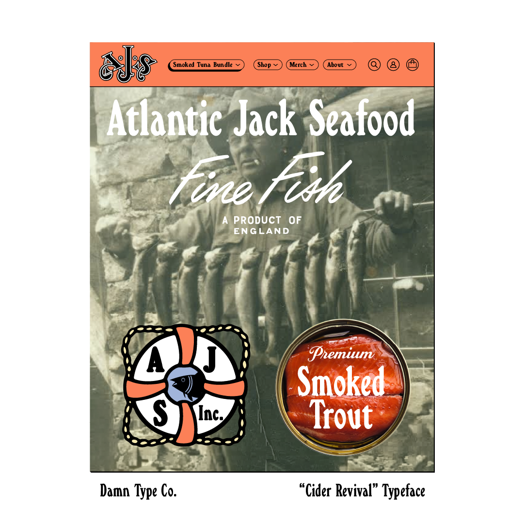 Atlantic Jack Seafood website concept featuring Cider Revival lettering, an orange navigation bar, a vintage fishing photograph, and a smoked trout tin.