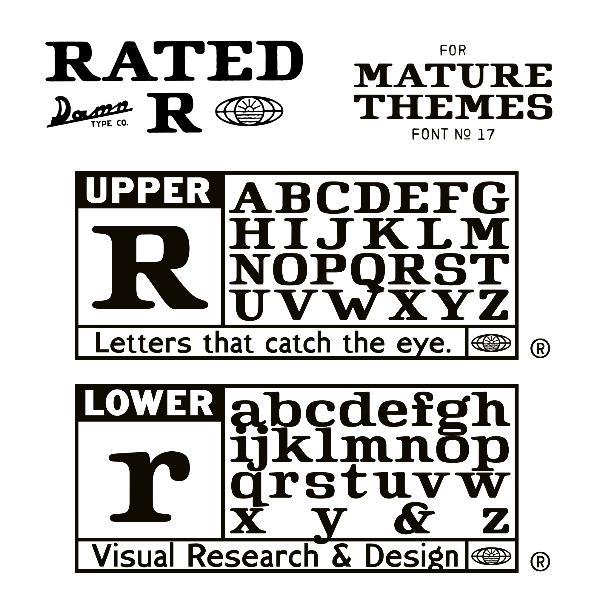 Vintage-inspired type specimen for Rated R font featuring red and blue film rating blocks, a hanging canvas banner, and serif typography on a textured paper background.